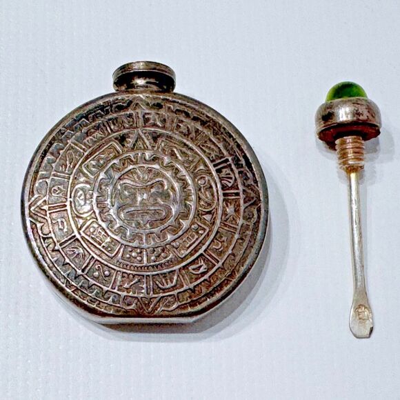 Vintage 1960s Mexico Peru Silver Perfume Bottle Aztec Mayan Calendar Rare (A3) - Picture 2 of 7